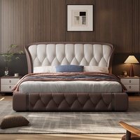 Lit double capitonné de luxe en cuir véritable, design moderne bicolore avec capitonnage losanges, mobilier de chambre principale, taille King