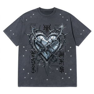 Camiseta Oversize de Marca Privada, 300GSM, Algodón Pesado, Lavado Desgastado, Corte Cuadrado, con Pedrería, para Hombre - Product Image 1