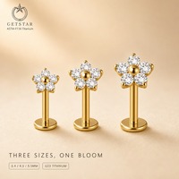Anting-anting stud labret titanium Getta G23 dengan zircon, setting cakar, tindik tulang rawan, lapis emas, unisex, untuk pernikahan dan pertunangan.