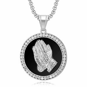 Collier pendentif main de prière Hip Hop en acier inoxydable plaqué or avec micro-incrustations de zircon, bijou unisexe, cadeau - Product Image 5