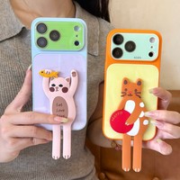 Coque de téléphone portable tendance avec motif animaux amusants et bandes néon, support intégré, pour iPhone 17 16 15 14 Pro Max, motif chien de dessin animé mignon, coque arrière avec support