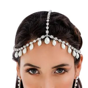 Kadınlar için toptan Rhinestone kafa zinciri takı parlayan kristal beyaz inci dans düğün gelin lüks saç kafa aksesuarları