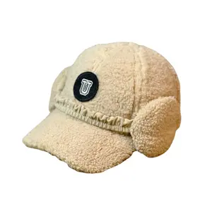 wholesale elastic band with ear protection 6 panel thicken fabric Australia winter caps for women curved brim lamb wool cap