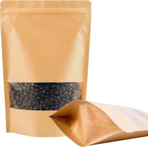 Nhà Máy Bán buôn bao bì thực phẩm <span class=keywords><strong>doypack</strong></span> đứng lên Túi giấy <span class=keywords><strong>Kraft</strong></span> nâu với cửa sổ rõ ràng và khóa zip cho bữa ăn nhẹ trà - Product Image 1