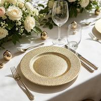 Assiette de présentation de luxe en plastique PP doré, technique pigmentée, design à texture tissée personnalisée, style américain, durable, pour événements