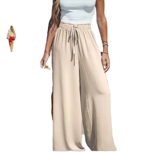 Pantalon décontracté d'été pour femme en polyester écologique, taille haute élastique, coupe large, avec cordon de serrage, style transfrontalier - Product Image 1