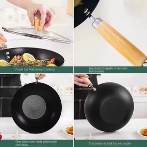 Wok miniature personnalisé de 20 cm, en fonte, noir, antiadhésif, avec couvercle en verre et poignée en bois, compatible avec les cuisinières à gaz - Product Image 4