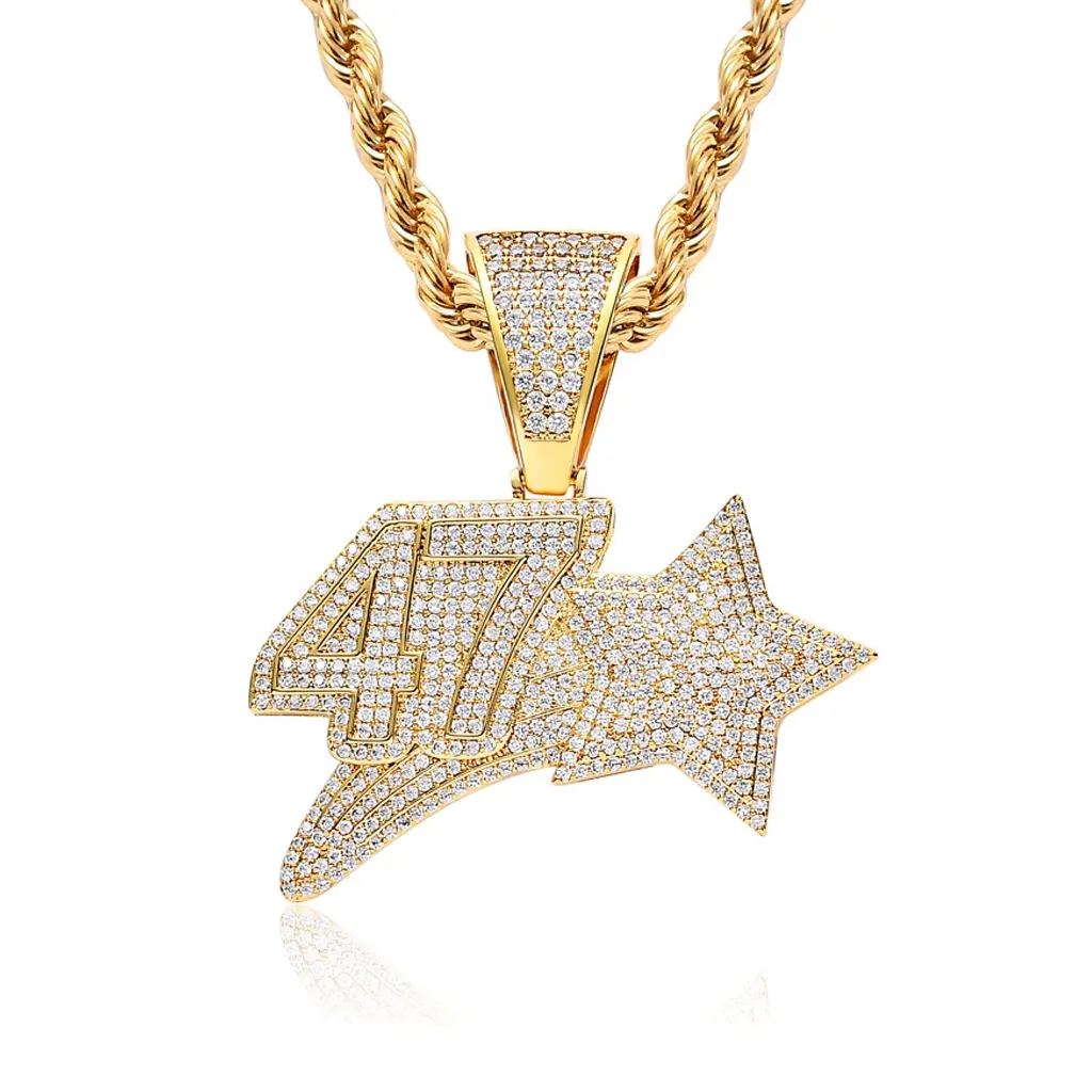 Cooper material 18k ouro banhado criativo design miro pave zircônia cúbica diamante número 47 estrela hiphop colar