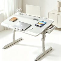 Table de lit pliable réglable en hauteur pour ordinateur portable, plateau inclinable avec tiroir, support de livre, ventilateur USB et lampe pour la lecture et le travail