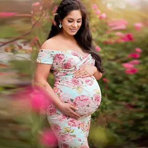 Grote Zwangere Jurken Voor Fotoshoot Lange Losse Korte Mouwen V-hals Bloemen Patroon 2021 Vrouwen Moederschap