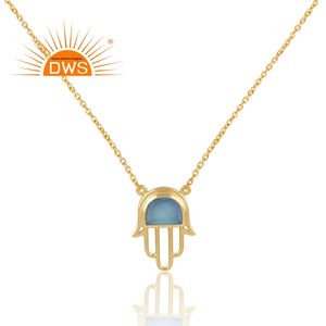 Hamsa Hand Designer Gold Plated Sterling Silver <b>Necklace</b> Wholesale Blue Chalcedony Gemstone <b>Necklace</b> Jewelry - Product Image 2