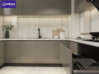 Ensemble d'armoires de cuisine modernes modulaires écologiques en MDF laqué en forme de U Vialla avec robinet et plan de travail stratifié pour appartement - Vente en gros
