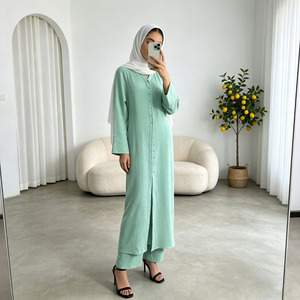 ชุดอาบายะสีเขียวมิ้นท์สุดหรูสำหรับผู้หญิง ชุดมุสลิมแบบเปิดด้านหน้าพร้อมเชือกผูก เสื้อคลุมแฟชั่นแบบเรียบร้อย - Product Image 5
