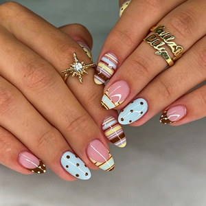 Uñas Postizas de Aleación con Diseño de Rayas Pastel y Puntos, Efecto Ojo de Gato, Ovaladas, para Uso Diario - Product Image 1