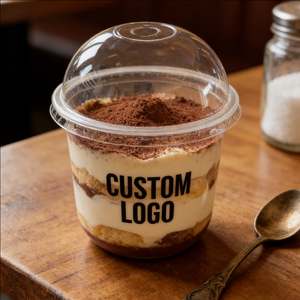 Gobelets à dessert en plastique transparent à paroi simple personnalisés de 8 oz et 9 oz avec couvercles, diamètre 90 mm, personnalisation du logo par impression UV - Product Image 1