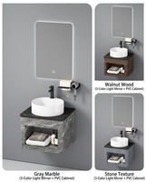 Meuble-lavabo mural moderne avec étagère ouverte, motif marbre, vasque à poser en céramique ronde, unité de lavabo flottant