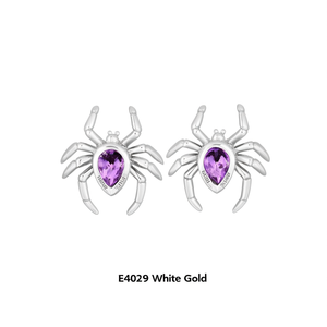 Pendientes de tuerca Prayle con diseño de araña, oro blanco, amatista, corte de pera, engaste de bisel, joyería de moda para mujer - Product Image 1