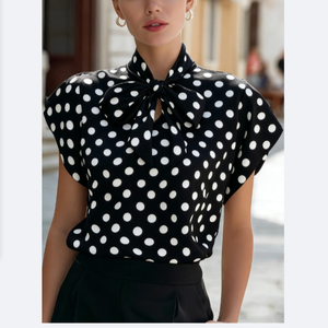 5606 #   Chemisier élégant à pois avec nœud papillon et manches chauve-souris vintage pour <span class=keywords><strong>femme</strong></span> – Haut décontracté intemporel à pois pour le bureau - Product Image 3