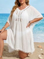 Robe de plage grande taille pour femme, en crochet ajouré, col en V, avec pompons, ample et respirante, 100 % polyester, pour maillot de bain bikini