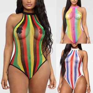 Beliebter Farbblock-Bodystocking 18 Halsfreier Netz-Bikini Sexy Regenbogen Einteiliger Badeanzug - Product Image 6