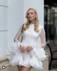 donna elegante nuovo collo a V fatto a mano con <span class=keywords><strong>maniche</strong></span> a svasatura di fiori 3D con nappa grande con orlo e taglia plissettata - Product Image 5