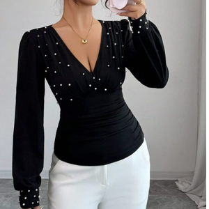 Blus Warna Solid Berhias Mutiara untuk Wanita, Atasan Lengan Panjang Kasual Musim Gugur Musim Dingin - Product Image 2