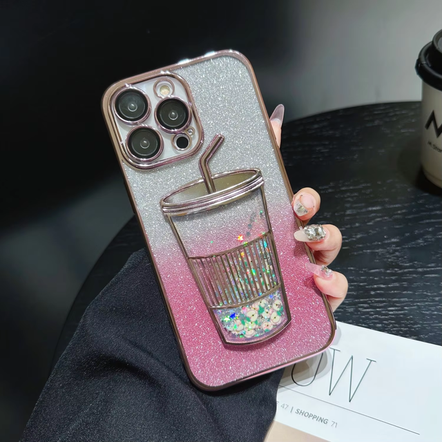 Shiny Flowing Liquid Floating Sparkle Glitter Rhinestone Quicksand Milk Tea Cups Phone Case for Phone 15 Pro Max