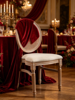 Chaise Louis en résine pour événements extérieurs, finition imitation bois, dossier en rotin, chaise de salle à manger ovale pour hôtels et réceptions