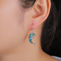 Boucles d'oreilles pendantes en argent sterling 925 véritable pour femme, motif dauphin mignon avec opale de feu bleue, style vintage, pour mariage, fête et cadeau