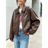 Veste Bomber Courte Femme en Similicuir Marron PU, Style Rétro, Col Revers, Fermeture Éclair, Manches Longues, Coupe Ample, Tendance Streetwear, Collection Automne 2026, Vente en Gros