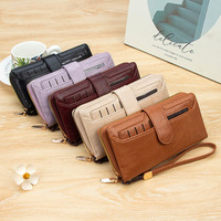 Dompet Wanita Panjang dengan Resleting, Kulit PU Lapis Lilin, Penutup Kancing, Tempat Kartu, Organizer Multi Slot, Clutch Wristlet, Grosir OEM ODM