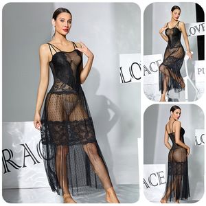 Camicia da Notte di Lusso in Pizzo Nero con Motivo a Pois, Lunga e Trasparente, Sexy per Giovani Donne - Product Image 2