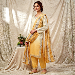 Yellow Embroidered Indian Pakistani Traditional Dress Women Ankle-Length Cotton Regular Fit Casual Wear - Product Image 1