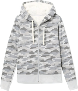 Women's Gray Camouflage Print Full-Zip Hooded Sweatshirt with <b>Sherpa</b> Lining and Front Pockets for Autumn Wear - Product Image 1
