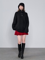 Pull-over col roulé boutonné surdimensionné pour femme en cachemire pur vintage, tricot lourd et doux pour l'hiver