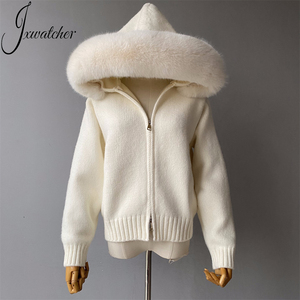Cappotto da donna magro invernale in maglia corta in lana con maniche a sbuffo <span class=keywords><strong>caldo</strong></span> giacca con collo di pelliccia artificiale <span class=keywords><strong>Cardigan</strong></span> maglione da donna - Product Image 1