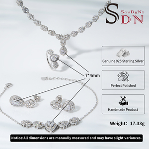 Fabricants de bijoux, collier, boucles d'oreilles, bracelets et bague en argent 925, design goutte d'eau et halo, pour femmes, ensemble de bijoux de luxe pour mariage - Product Image 4