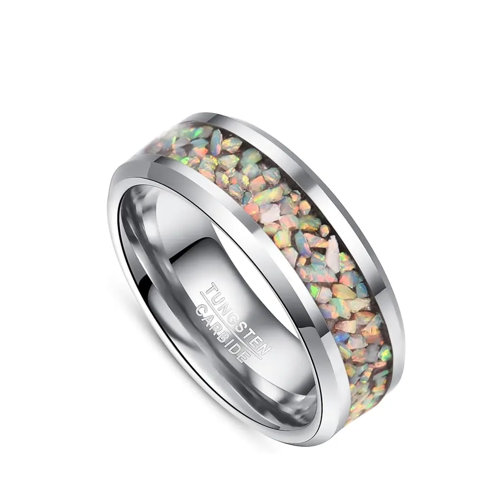 Joias 2024 joias da moda 8mm anéis de casamento de tungstênio homens mulheres opala esmagada incrustação anel de noivado