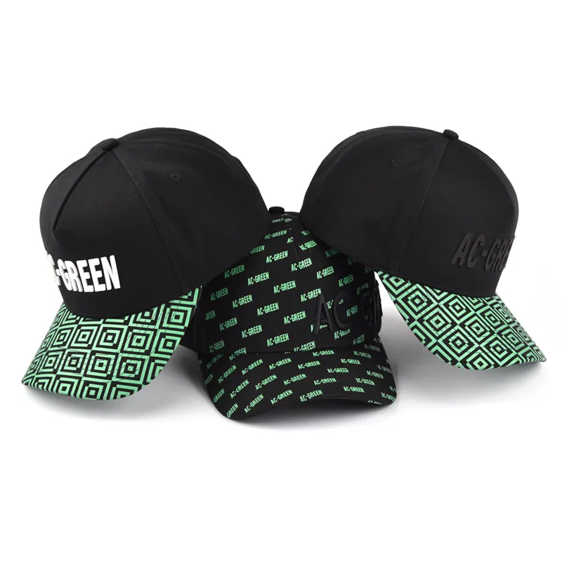 AC-Green full printing 100% RPET FABRIC mens hats luxury 5 panel baseball cap custom embroidery logo