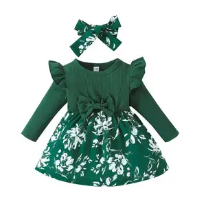 Grüne niedliche Prinzessinkleider mit gerüschten Rändern Kopftuch für kleine Mädchen Kinderkleidung aus Baumwolle direkt ab Werk