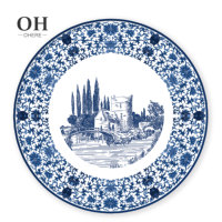 Service de table en céramique hybride bleu et blanc de luxe Ohere, service de table en porcelaine à bord doré pour la décoration de mariage