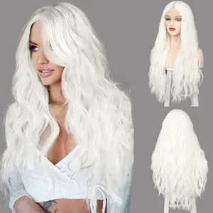Sarı saç orta kısmı uzun beyaz dalgalı 26 ''kar beyaz peruk isıya dayanıklı dantel ön sentetik Cosplay kıvırcık peruk kadınlar için