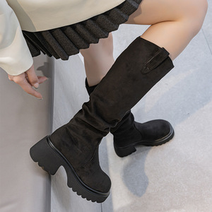 Women's Below-Knee Long Boots, 2026 New Tassel Ruched Slouchy Boots <b>Block</b> Heel Woven Mid-Calf Rider Boots - Product Image 3