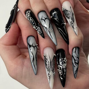 Long <b>Black</b> <b>French</b> <b>Tip</b> <b>Press</b> On <b>Nails</b> Halloween Stiletto False <b>Nails</b> With 3D Aurora Butterfly Bow And Cross Designs - Product Image 4