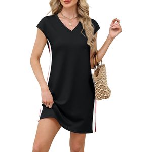 FOXA Vestido de verano para mujer con cuello en V, manga corta, bloques de color, corte holgado, transpirable, informal, para vacaciones en la playa, con abertura lateral - Product Image 3