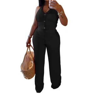 Women's Casual Halter-Neck <b>Tie</b>-<b>Back</b> Top and Pants 2-Piece Set Fashion - Product Image 3