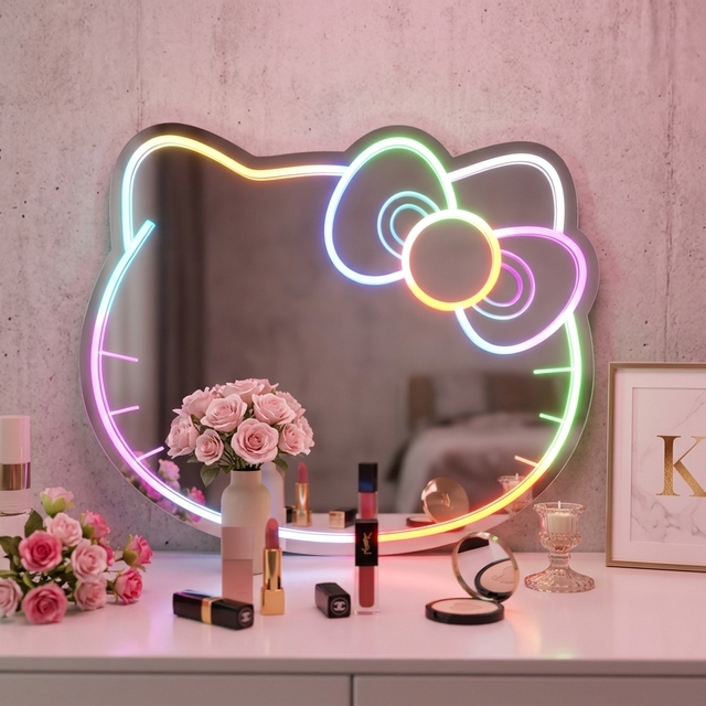Cartoon LED Neon Mirror Acrylic Backboard Round Wall Lamp Warm White Eco-Friendly Creative Home Decor for Bedroom Decoration