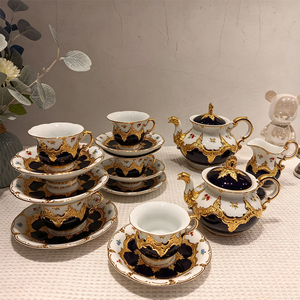 Complete Cobalt Blue Gold Embossed Floral <b>Bone</b> <b>China</b> <b>Dinner</b> Plate <b>Set</b> Teapot Cups Sugar Creamer Baroque Style Eco-Friendly - Product Image 3