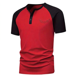 Men's Red Black <b>Raglan</b> Sleeve T-Shirt Embroidered Logo Slim Fit Casual Knitted Short Sleeve <b>Top</b> - Product Image 1
