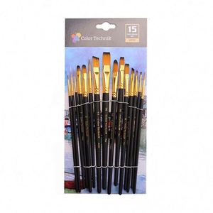 Hot Selling 15pcs Watercolor Painting <b>Brush</b> Set <b>Round</b> and Flat Nylon Hair with Wood Handle for Oil and Watercolor Art - Product Image 2